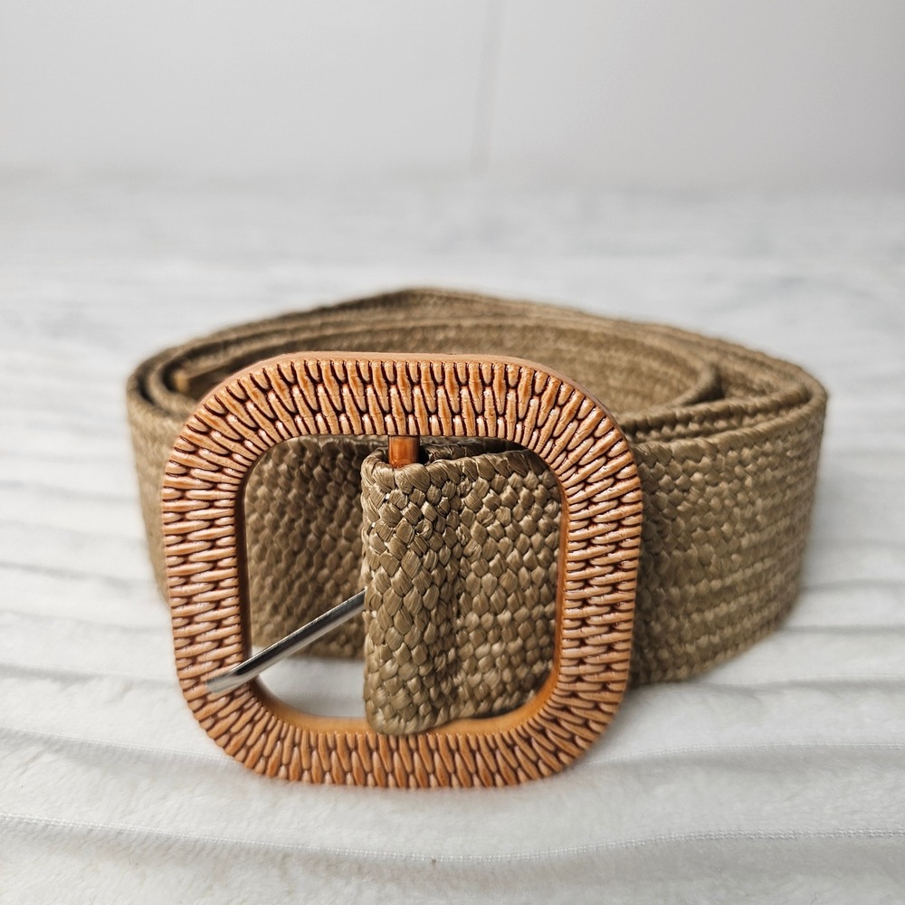 Women Woven Raffia Style Wide Belt Tan Square Buckle Boho Coastal Resort 40 Inch
